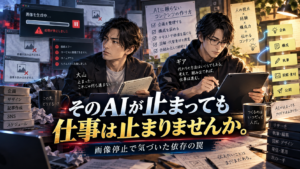画像生成AIの停止をきっかけに、AI依存を見直しながら仕事を続ける方法を考える大山とギア