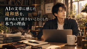 AIの文章に感じる違和感をあえて直さず、自分の言葉として残す理由を表現したWordPress記事のアイキャッチ画像