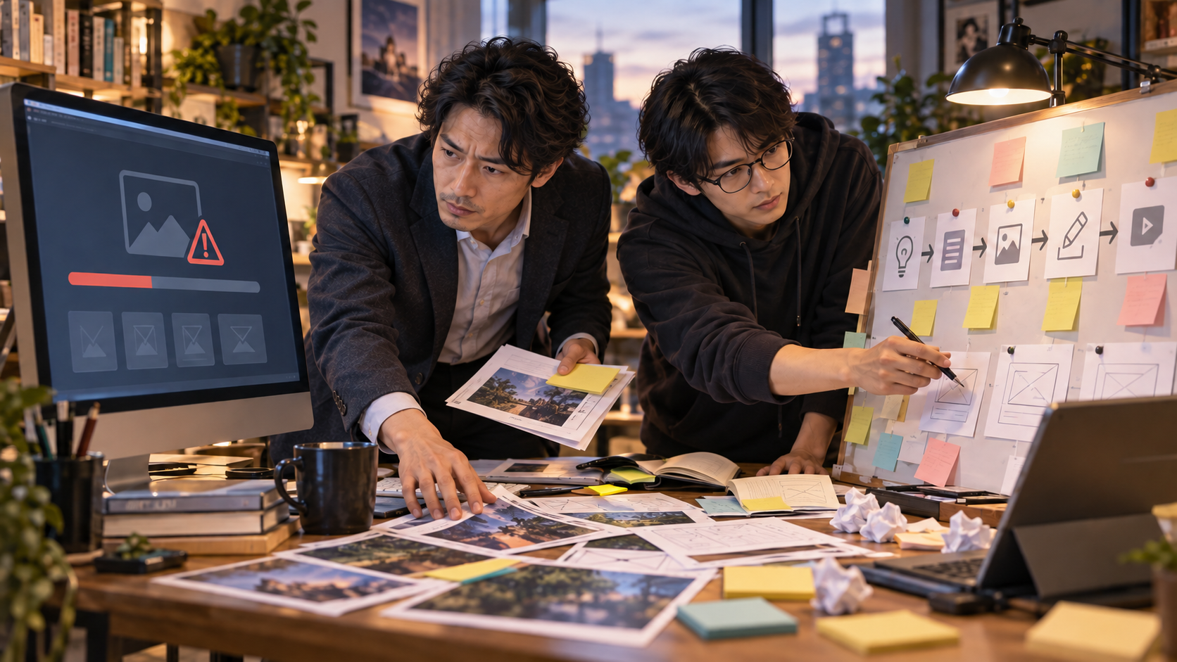 AI停止の危機管理と自力の手作業 PC画面の前でAIの停止に直面し、手作業の足場と発信動線を再点検する大山とチームメンバー