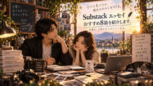 夕暮れのエッセイラックで、大山とストリアがノートや写真を広げながらSubstackのおすすめエッセイ8篇を紹介するイメージ