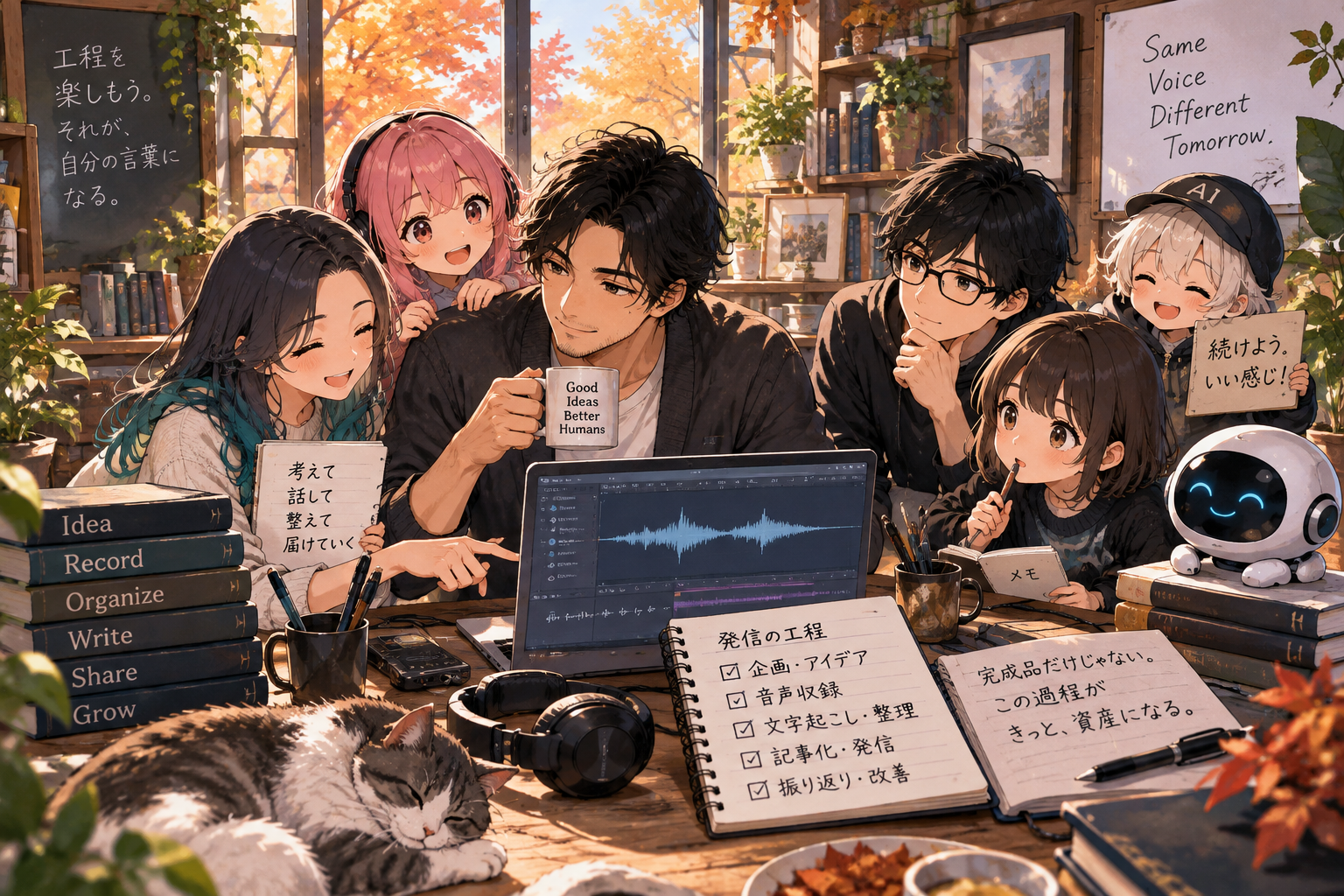 秋の静かなアトリエで、完成品を急がず制作の工程や音声の波形を確かめ合う大山とチームメンバー