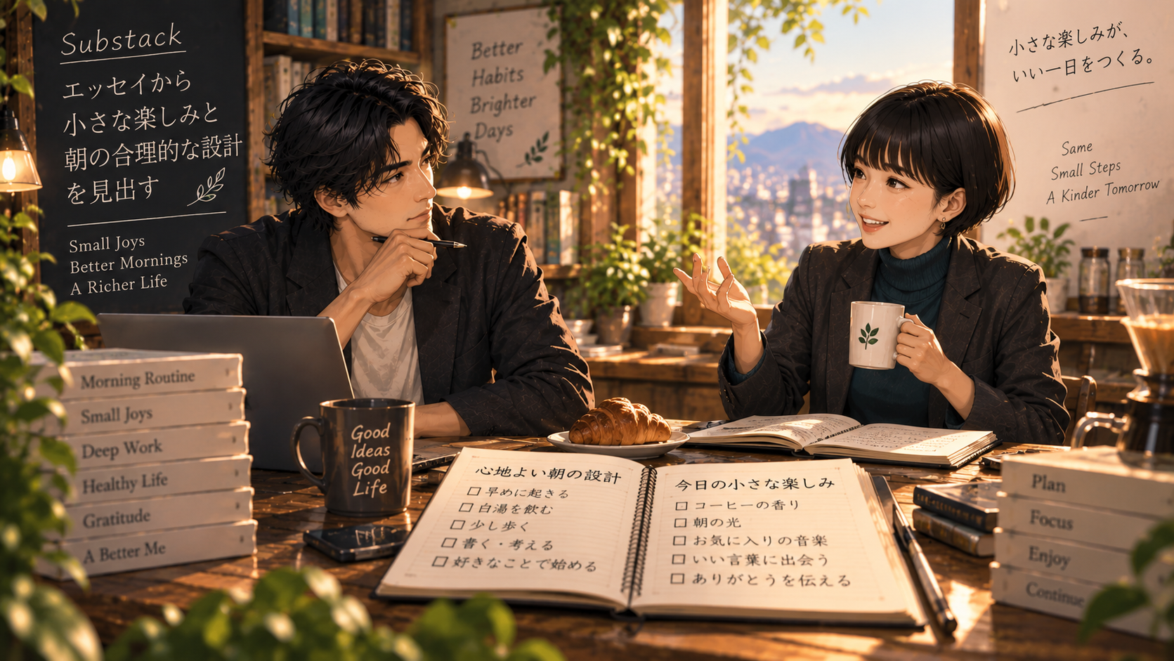 Substack エッセイから小さな楽しみと朝の合理的な設計を見出す大山とアンナ