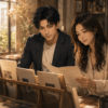 エッセイラックに並んだSubstackエッセイ8篇を、大山とストリアが一緒に読みながら言葉と体温を確かめている様子