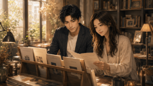 エッセイラックに並んだSubstackエッセイ8篇を、大山とストリアが一緒に読みながら言葉と体温を確かめている様子