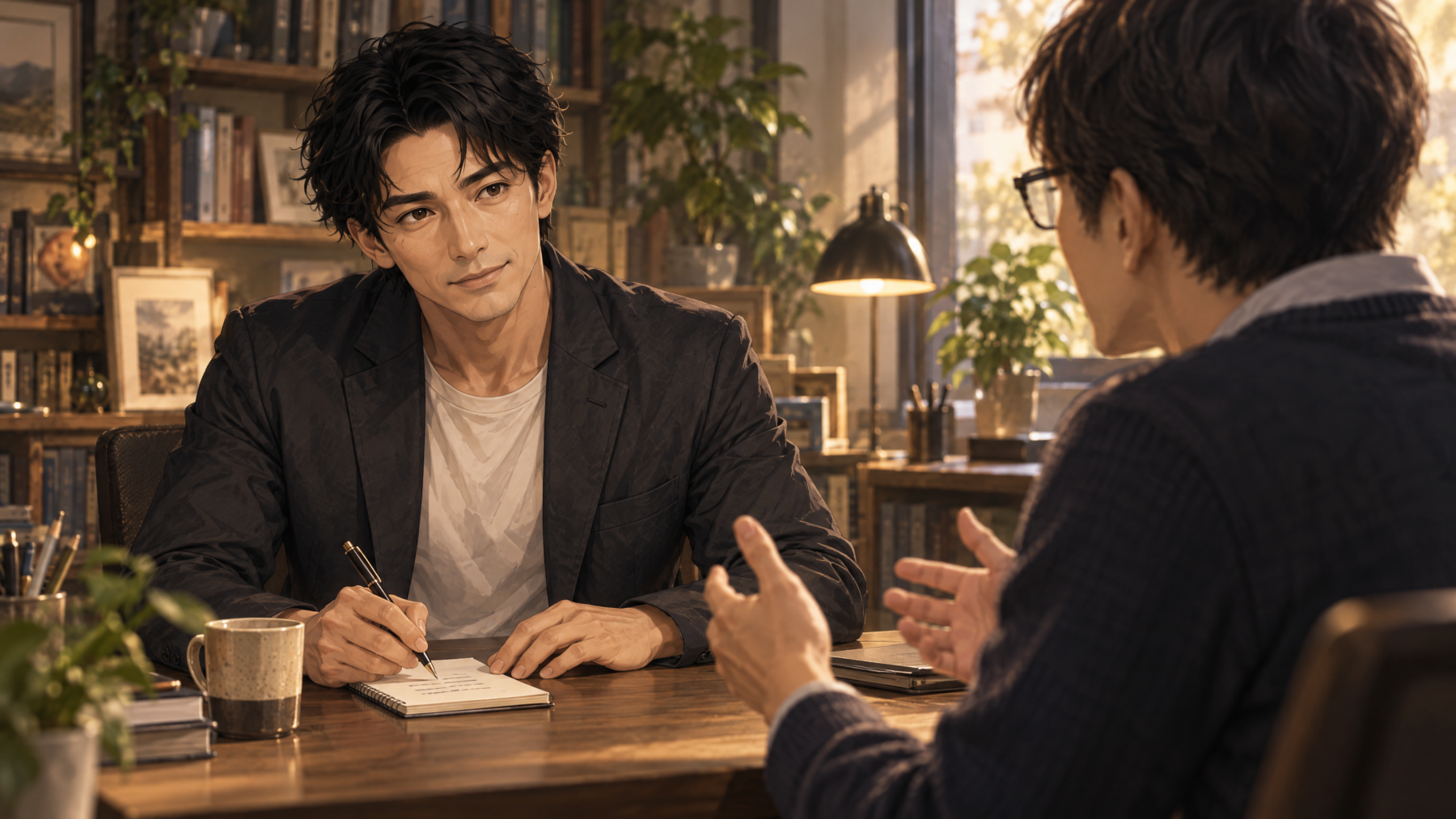 Substack エッセイから、目の前の人の気持ちに丁寧に向き合うことを考える大山と仲間たち。大山が机の向かいに座る仲間の話に耳を傾け、手元のメモには言葉を挟まず聞いたことだけを書き留めている。急かさず、相手の距離に合わせて対話する場面