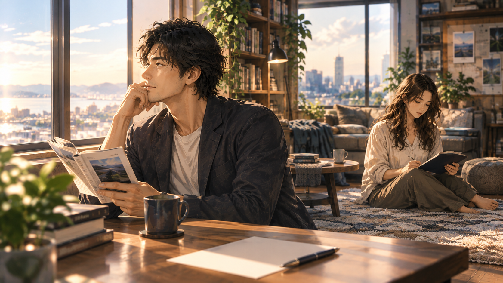 Substack エッセイから、空白の時間と心の声に耳を澄ます大山とアンナ。大山は窓辺で記事を読む手を止めてぼんやりと外を眺め、アンナは少し離れたラグに座って静かにノートを開いている。机には何も予定を書いていない紙が置かれた、急がない読書時間の場面