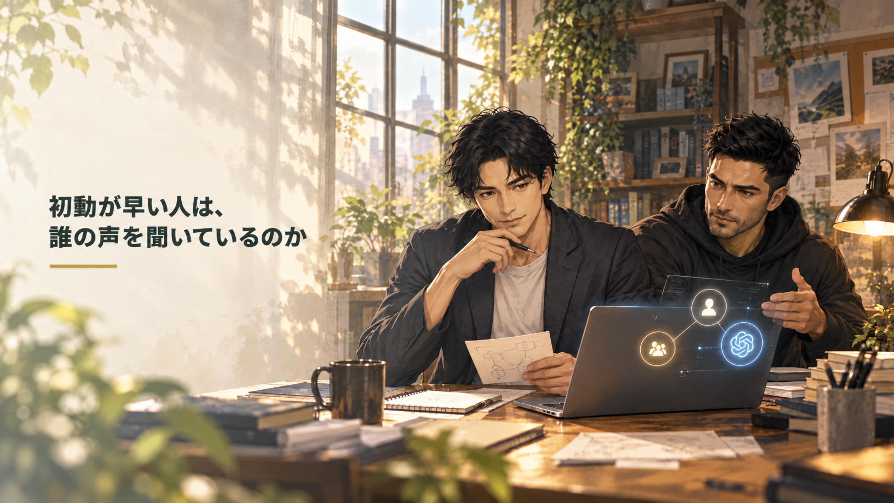 初動と、誰の声を聞くかについて話し合う大山とチームメンバーのイラスト