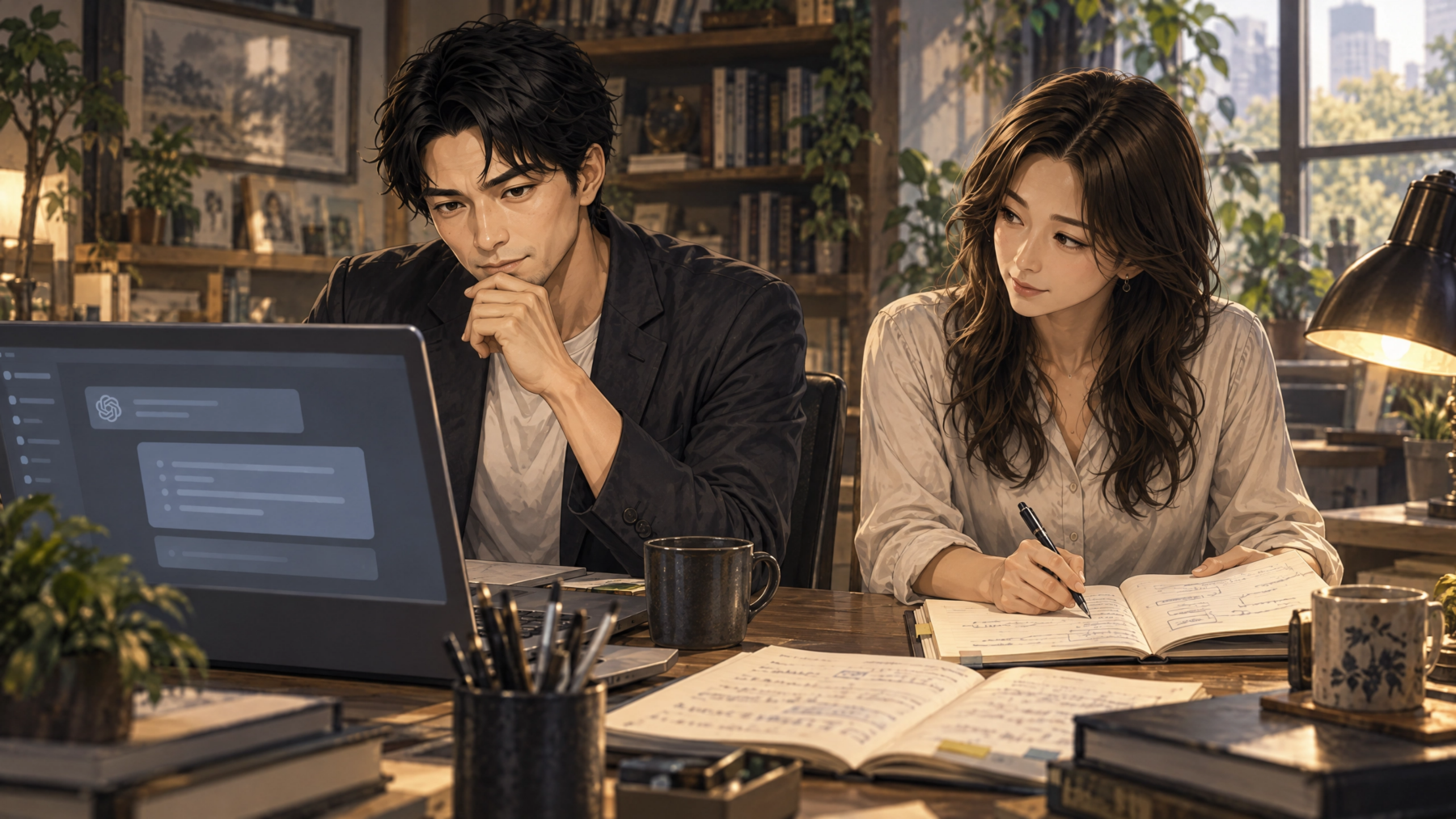 Substack エッセイからAIと長く付き合う方法を考える大山と仕事仲間。大山が画面に表示されたAIの応答を読み返し、隣の仲間が質問の言い回しをメモに書き直している。同じ問いを繰り返さず、丁寧に向き合いながら道具を育てていく共同作業の場面