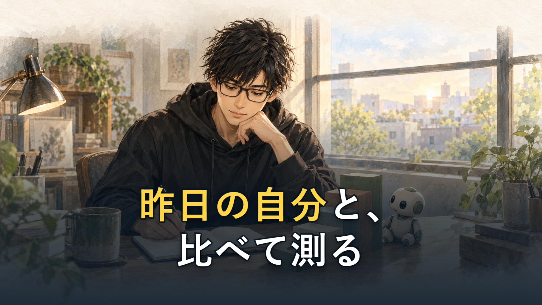 昨日の自分と、比べて測る 窓辺の机で、眼鏡の男性が手を口元に当てて、ノートに書き込んでいる。机の上には小さなロボットと積まれた本。「昨日の自分と、比べて測る」の文字入り