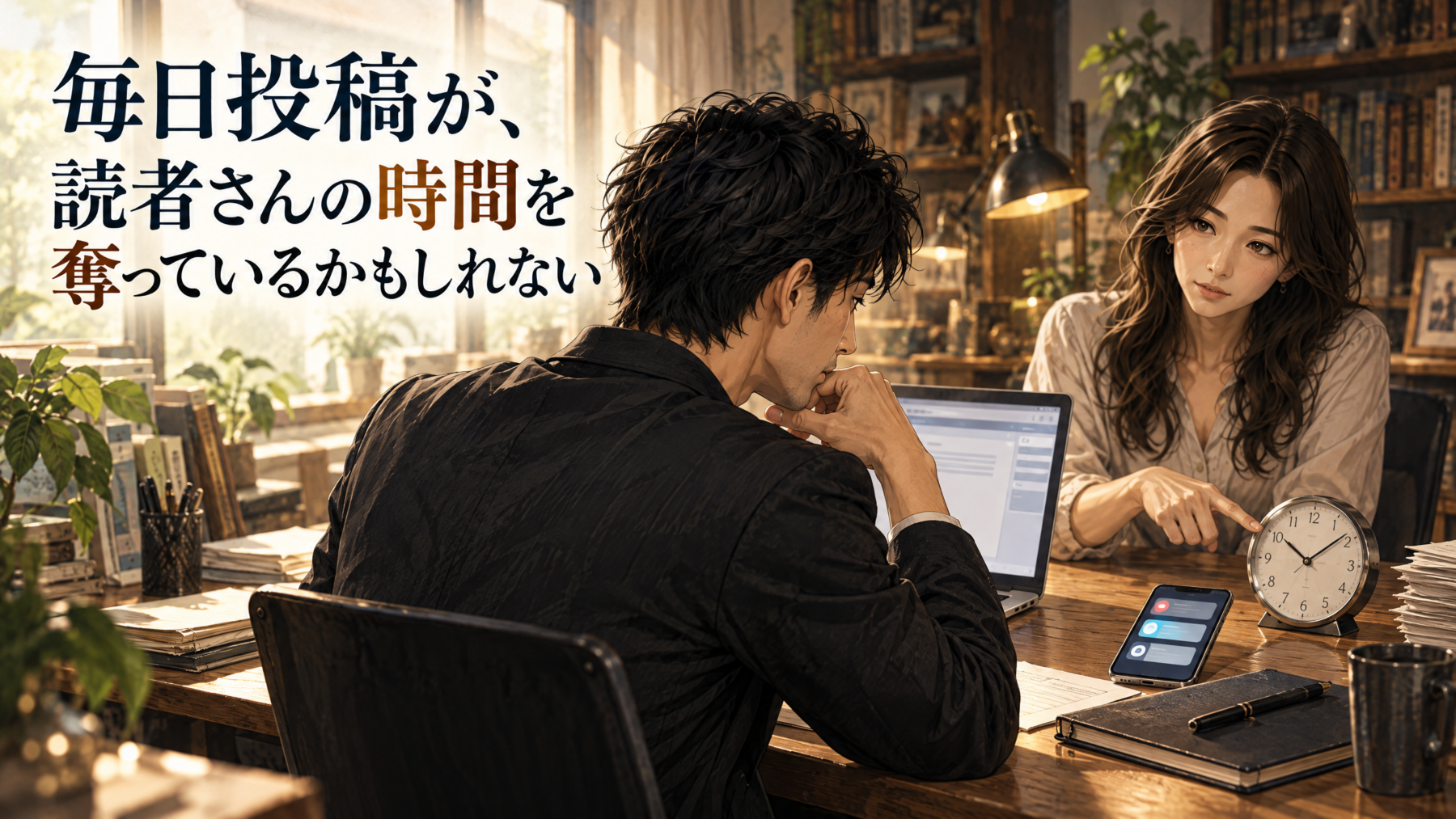 毎日投稿と読者さんのコンディションについて話し合う大山とチームメンバーのイラスト