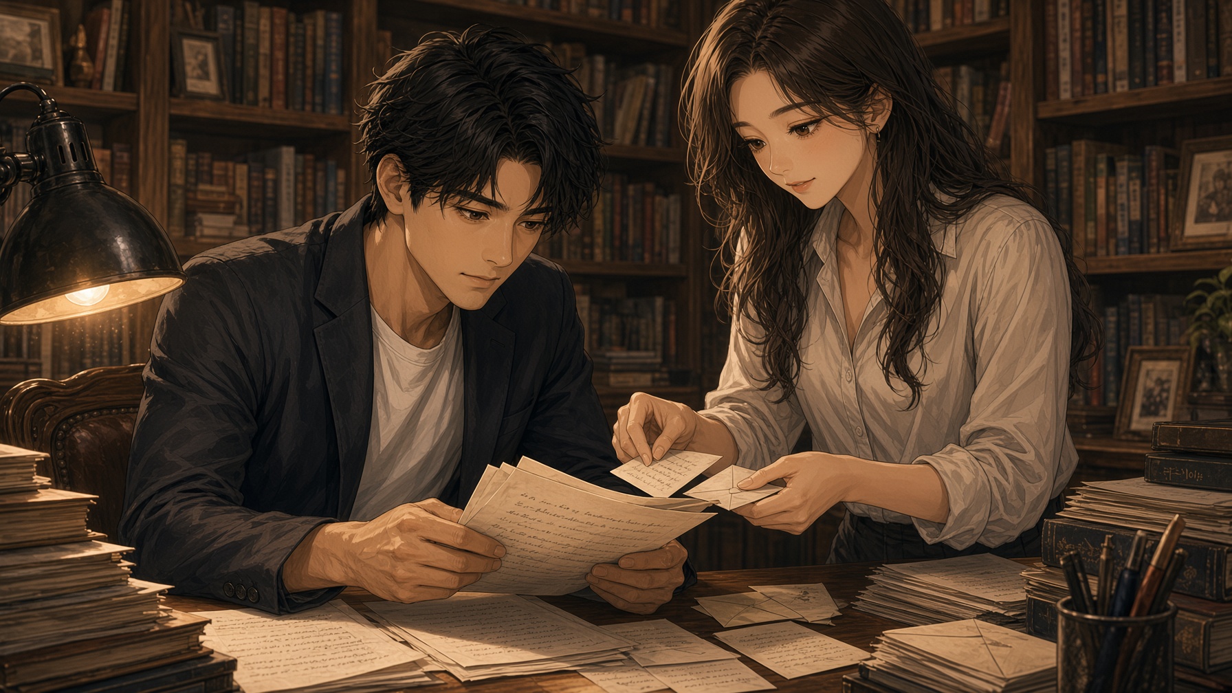 Substack エッセイから、自分の言葉を取り戻し、読者へ直接届く道を考える大山とストリア。大山は机で自分の原稿を読み返し、ストリアは手紙のような小さなカードを一枚ずつ封筒に入れている。自分の手で届ける準備を進める、仕事仲間の場面