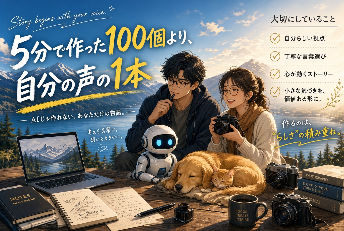 5分で作った100個より、自分の声の1本 「5分で作った100個より、自分の声の1本」の文字と、湖と山を背景に、ペンを持って考える眼鏡の男性、カメラを持つ女性、小さなロボット、眠る犬と猫を描いたイラスト
