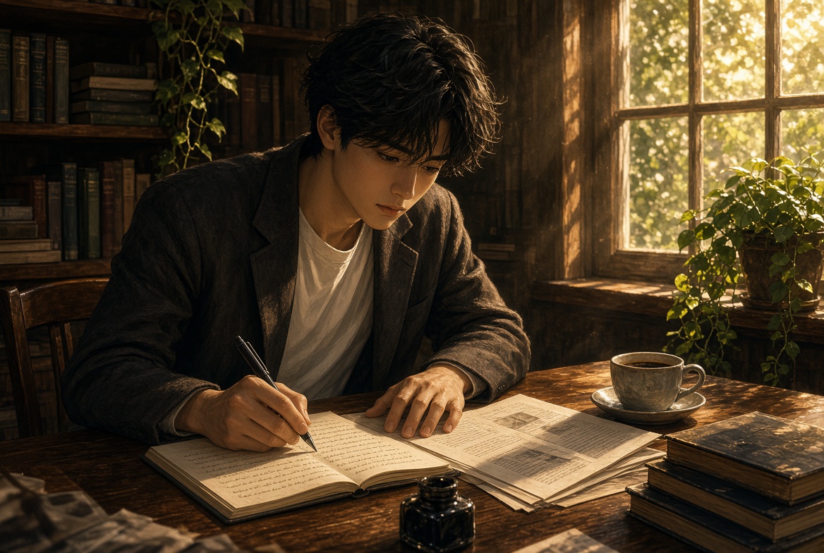 Substack エッセイから自分の本音を拾い、書いた言葉が自分に返ってくる時間を考える大山。窓辺の机で記事を読み、手元のノートに今日の小さな選択を書き留めている。落ち着いた光の中で、自分に問いかけながら過ごす読書の場面