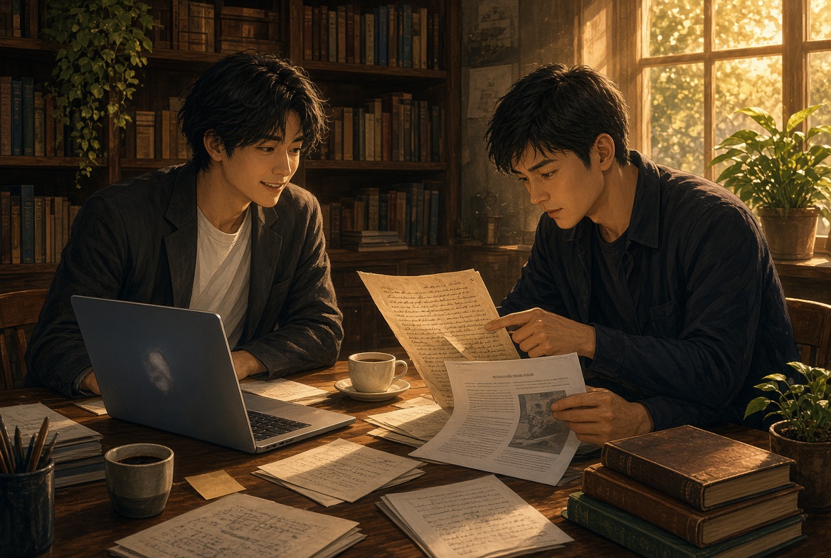 Substack エッセイからAIとの付き合い方を試す大山と仕事仲間。大山が画面に向かってざっくりと話しかけ、隣の仲間が過去の原稿と新しい提案を並べて見比べている。机には資料が広がり、試しながら確かめる共同作業の場面
