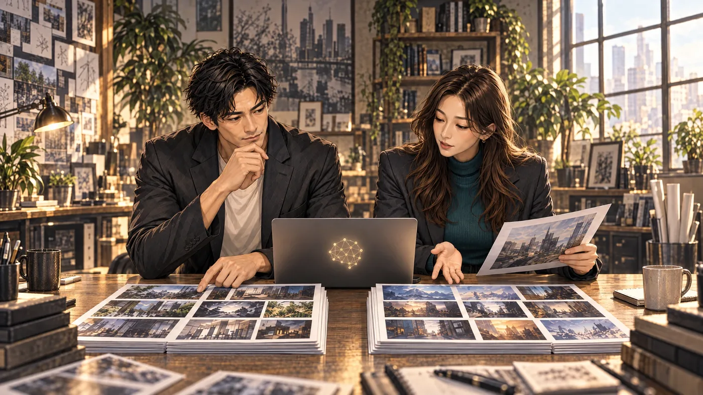 明るい書斎の机で、男性と女性がノートパソコンをはさみ、左右に並べた2束の風景画の資料を見比べている